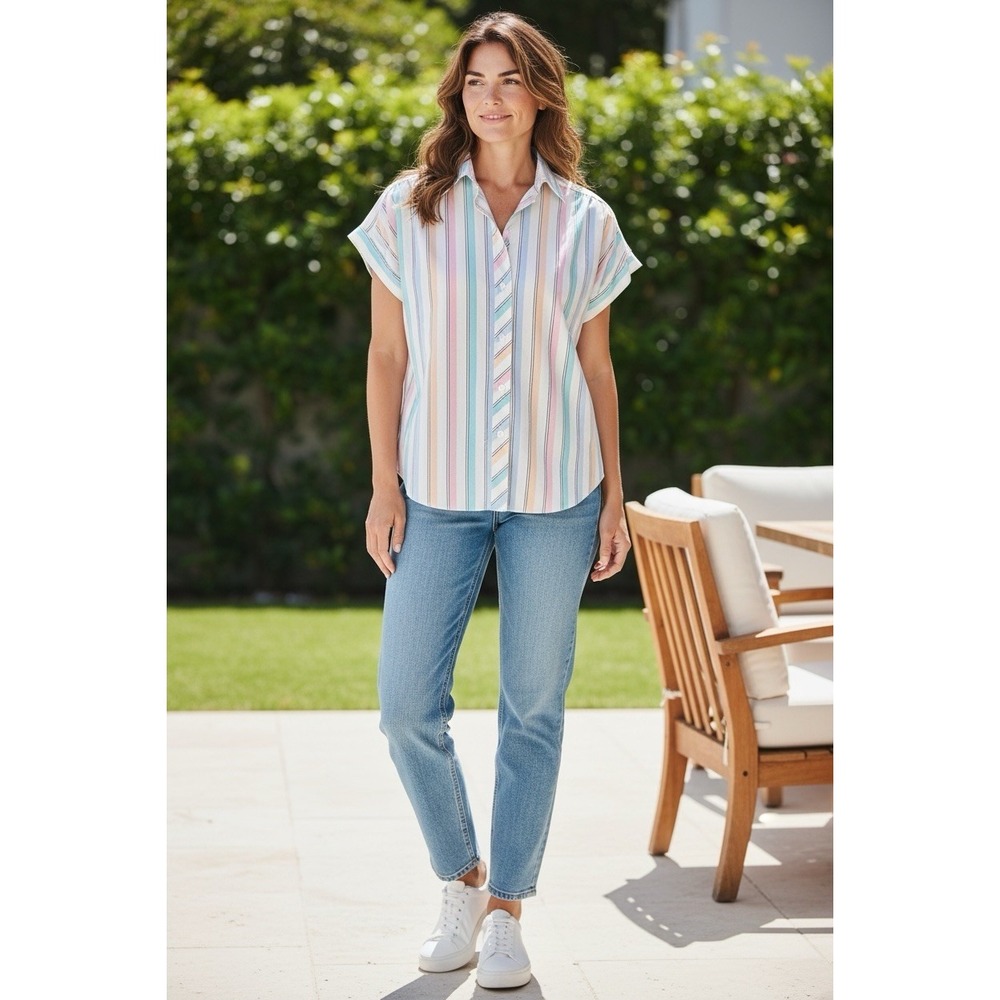 VTG 80's SHIRT ACCENT Pastel Striped Short Sleeve Button-up Blouse Women's 16